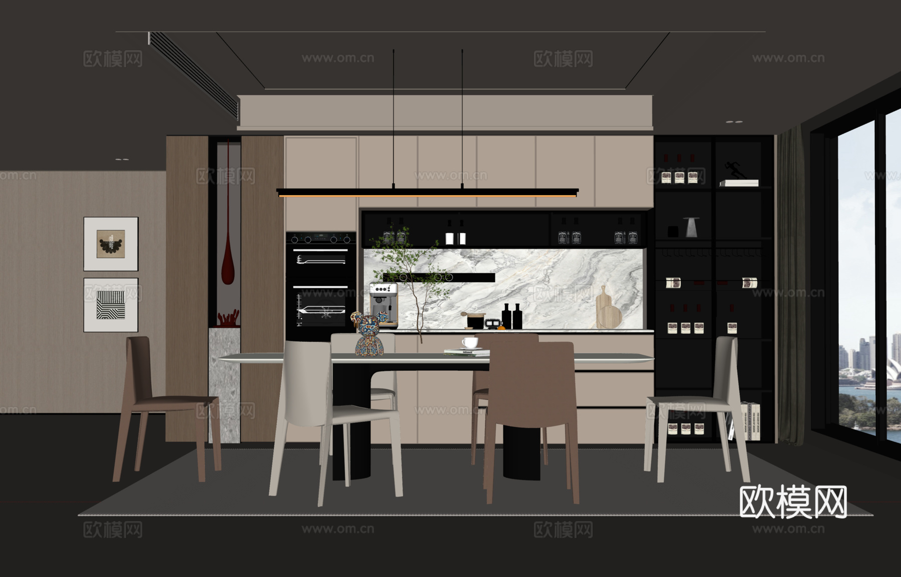 意式现代餐厅 餐桌椅 餐边柜 装饰画su模型