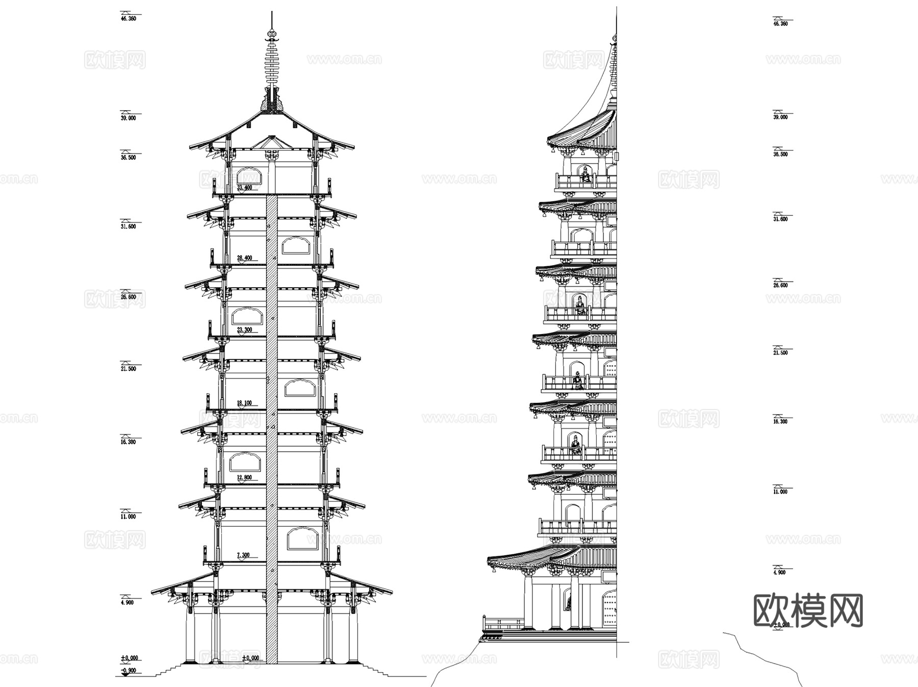 园林景观古建塔佛塔塔楼建筑CAD施工图集 12套cad施工图