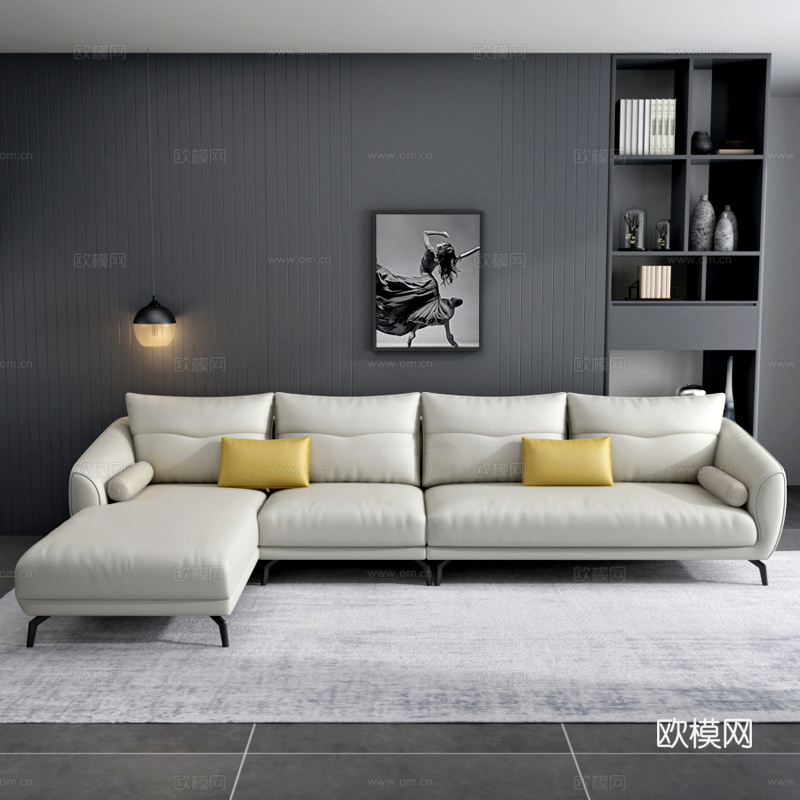 意式休闲贵妃沙发茶几组合3d模型下载（渲染图2）