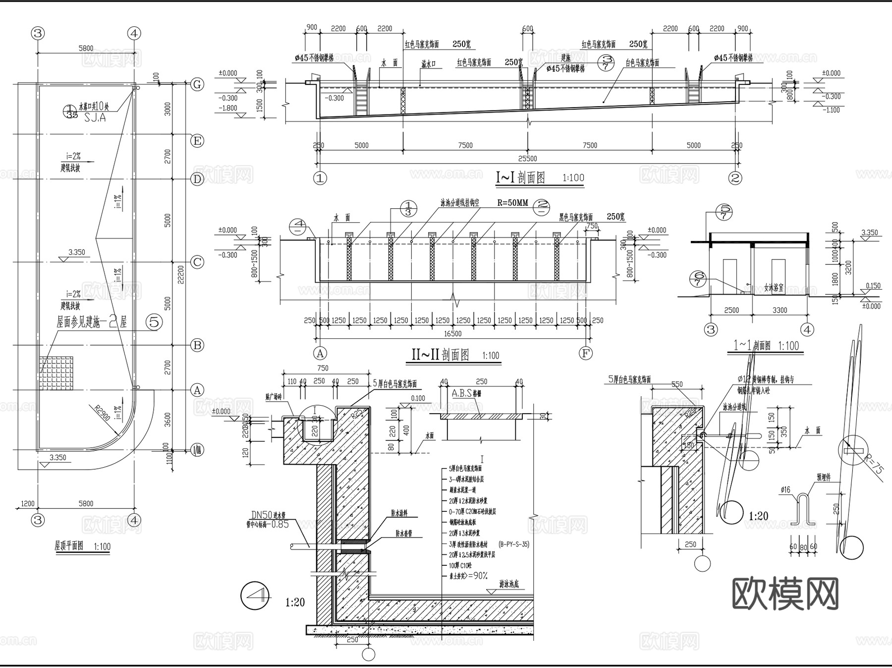 游泳池温泉池儿童戏水池CAD施工图集 20套cad施工图