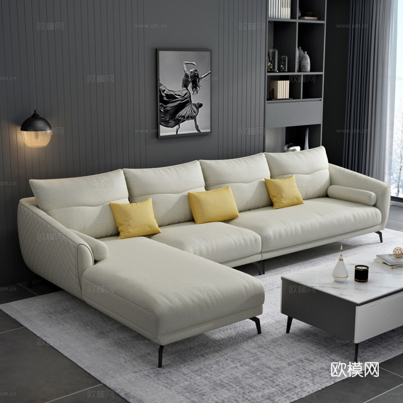 意式休闲贵妃沙发茶几组合3d模型下载（渲染图1）