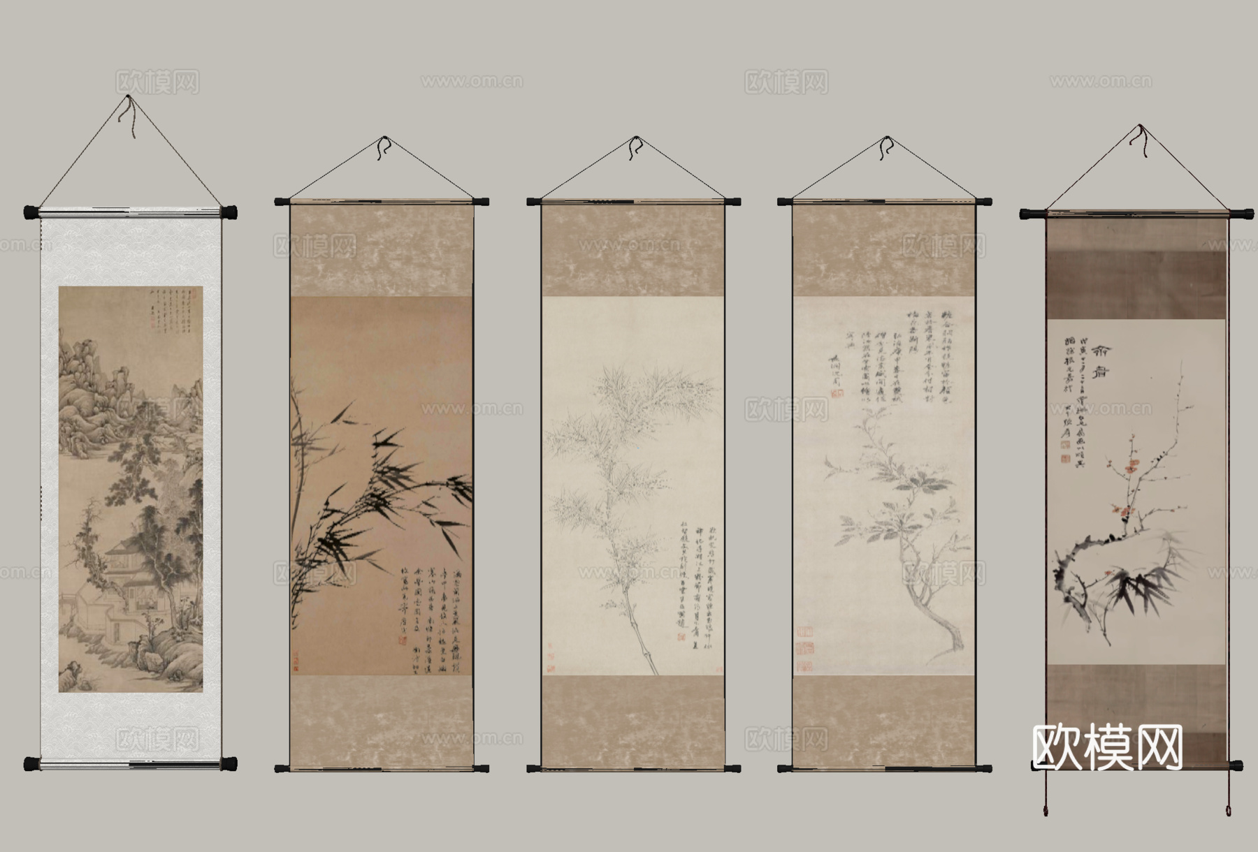 新中式装饰画   字画 挂画 画卷su模型