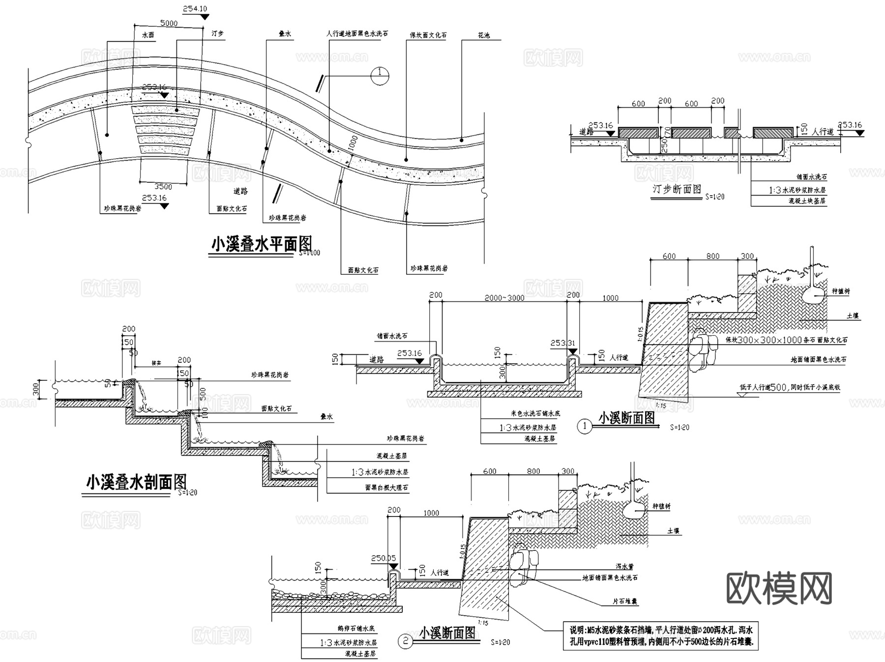 园林景观叠水跌水水景节点CAD施工图集 36套cad施工图
