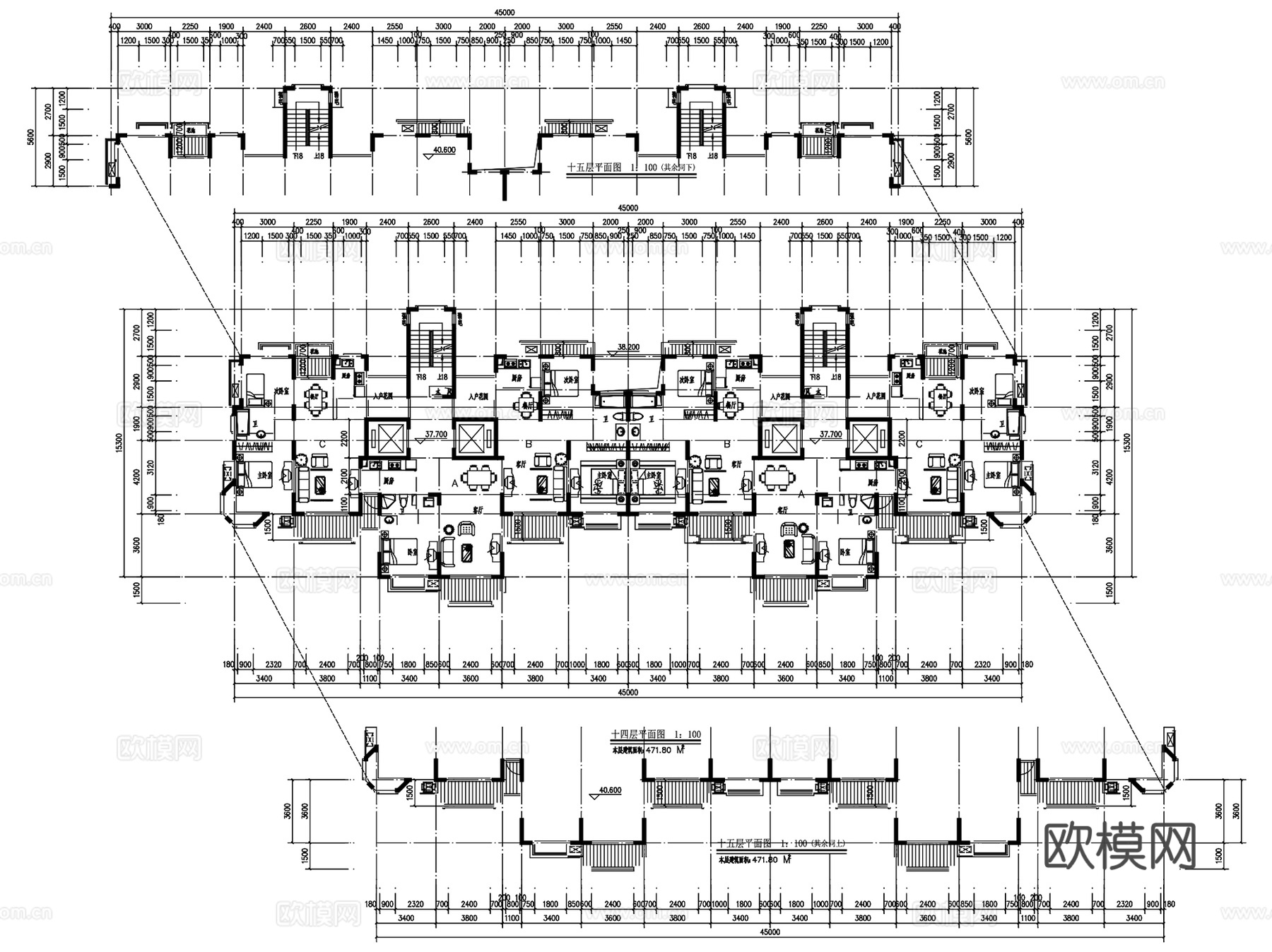 洋房多层高层公寓平层住宅建筑户型图CAD施工图集 40套cad施工图