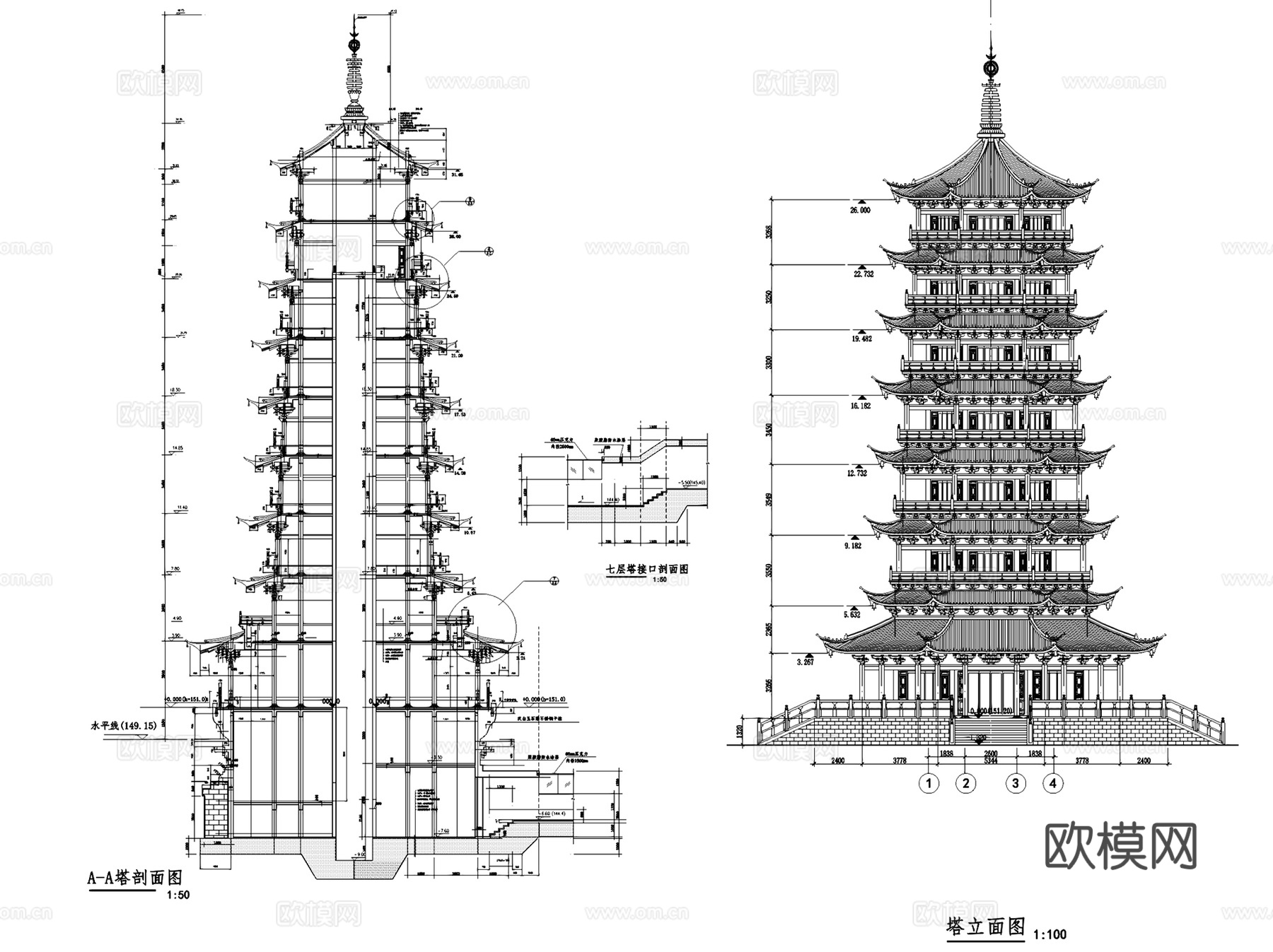 园林景观古建塔佛塔塔楼建筑CAD施工图集 12套cad施工图