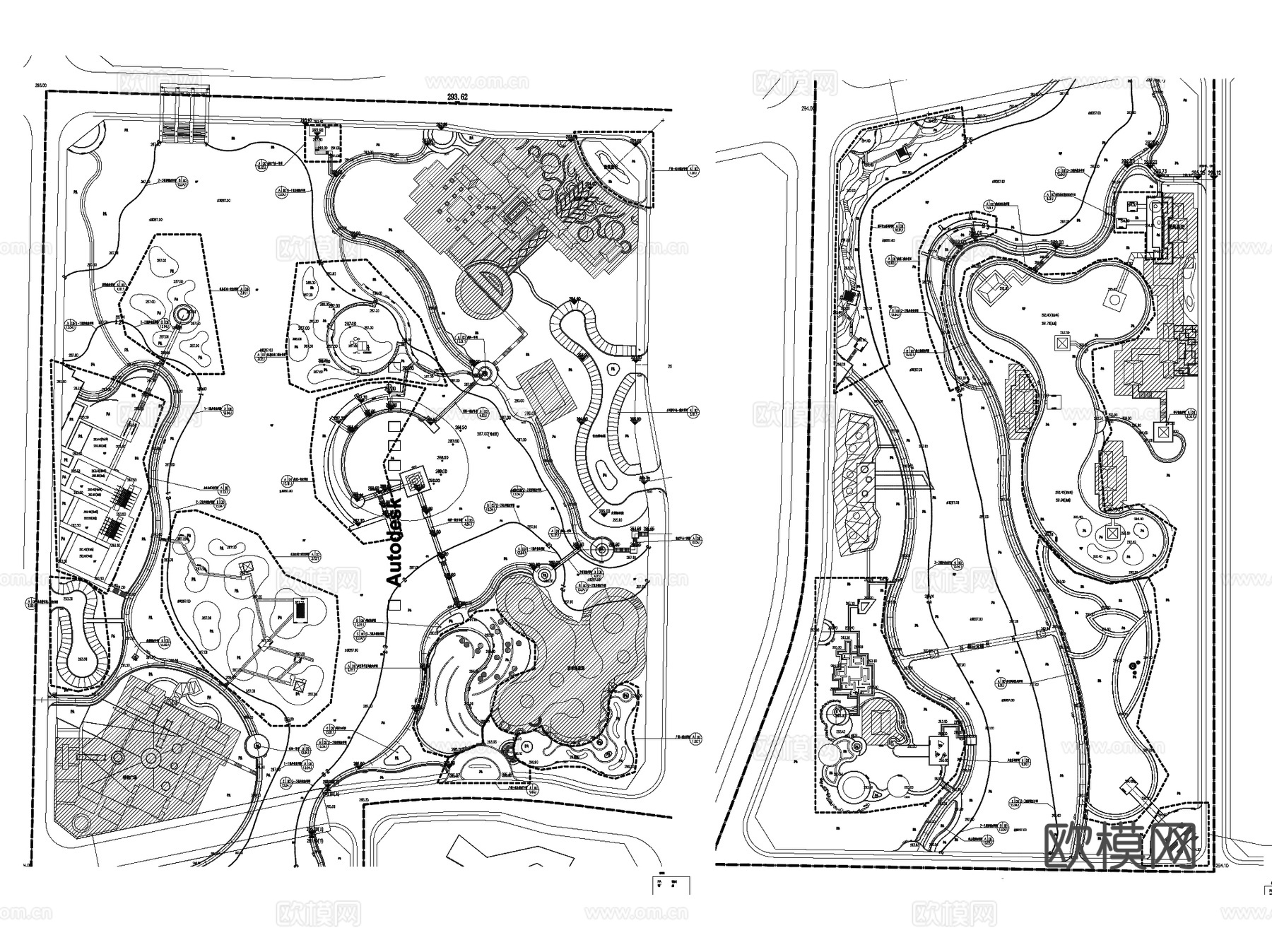 景观郊野滨水湿地公园CAD施工图集 5套cad施工图