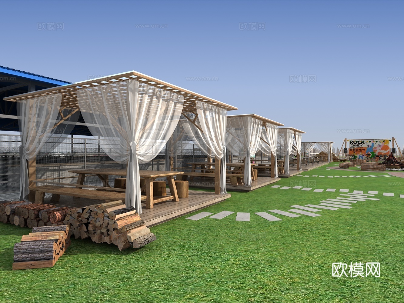 户外小品露营基地民宿防腐木纱帘休闲亭子3d模型下载