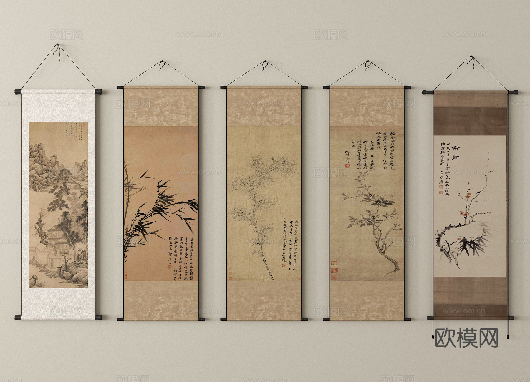 新中式装饰画   字画 挂画 画卷su模型
