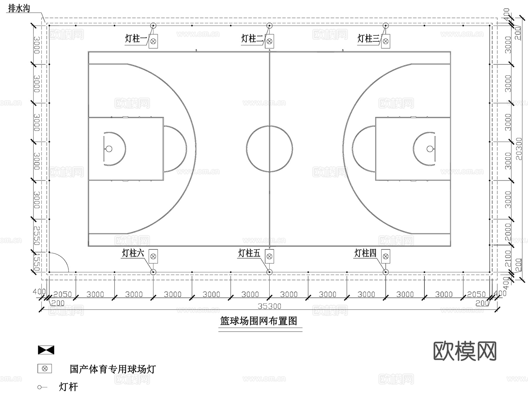 学校标准篮球场构造节点详图及照明全套CAD施工图集cad施工图