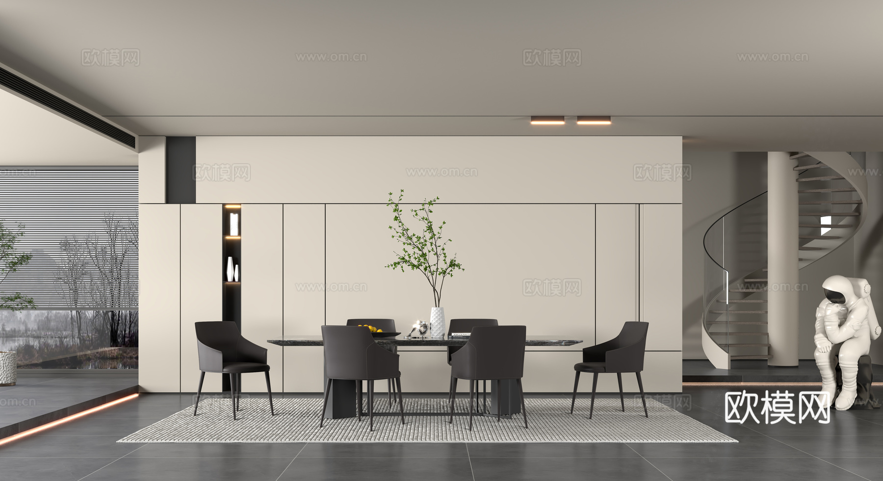 现代极简餐厅 餐桌椅组合su模型