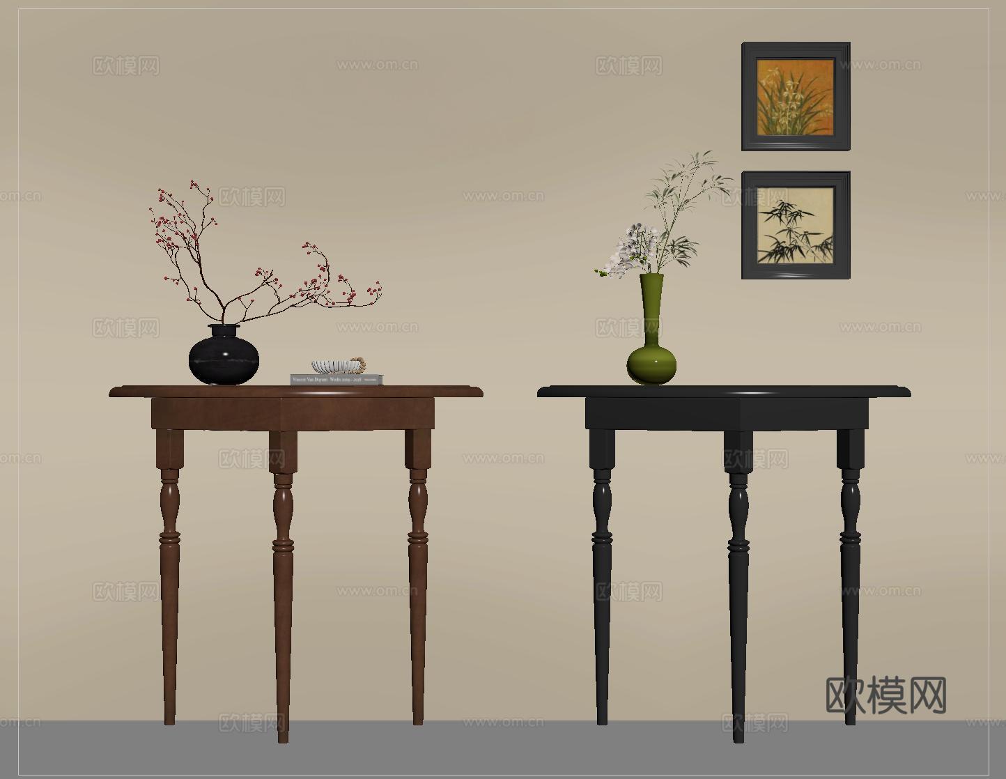 中古风玄关柜 端景柜 盆栽 挂画su模型