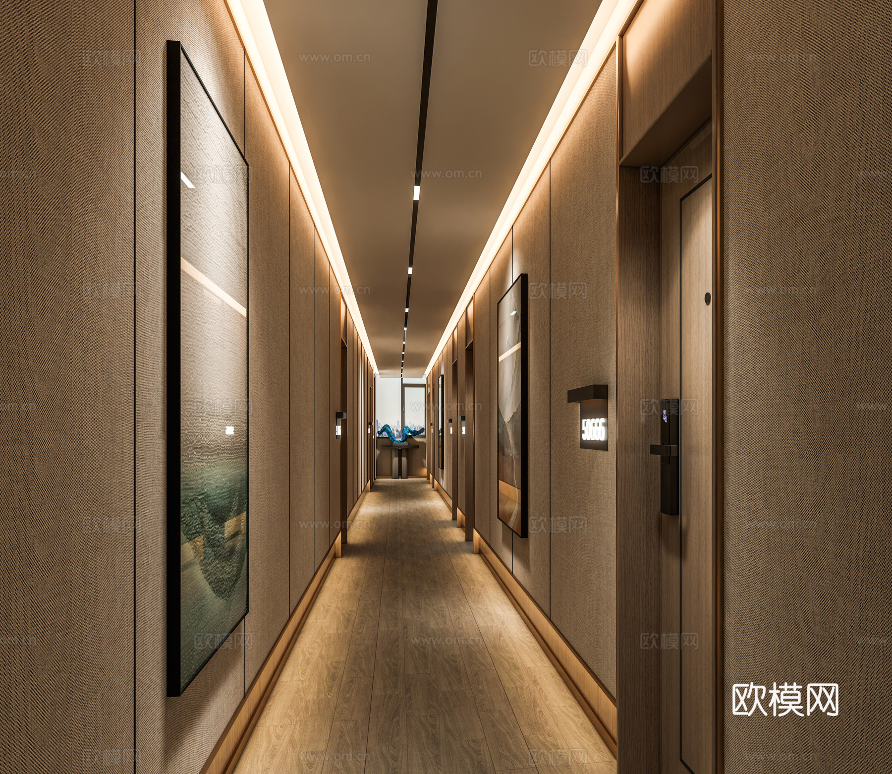 现代新中式酒店过道 酒店客房木门 足浴会所过道 餐饮过道su模型
