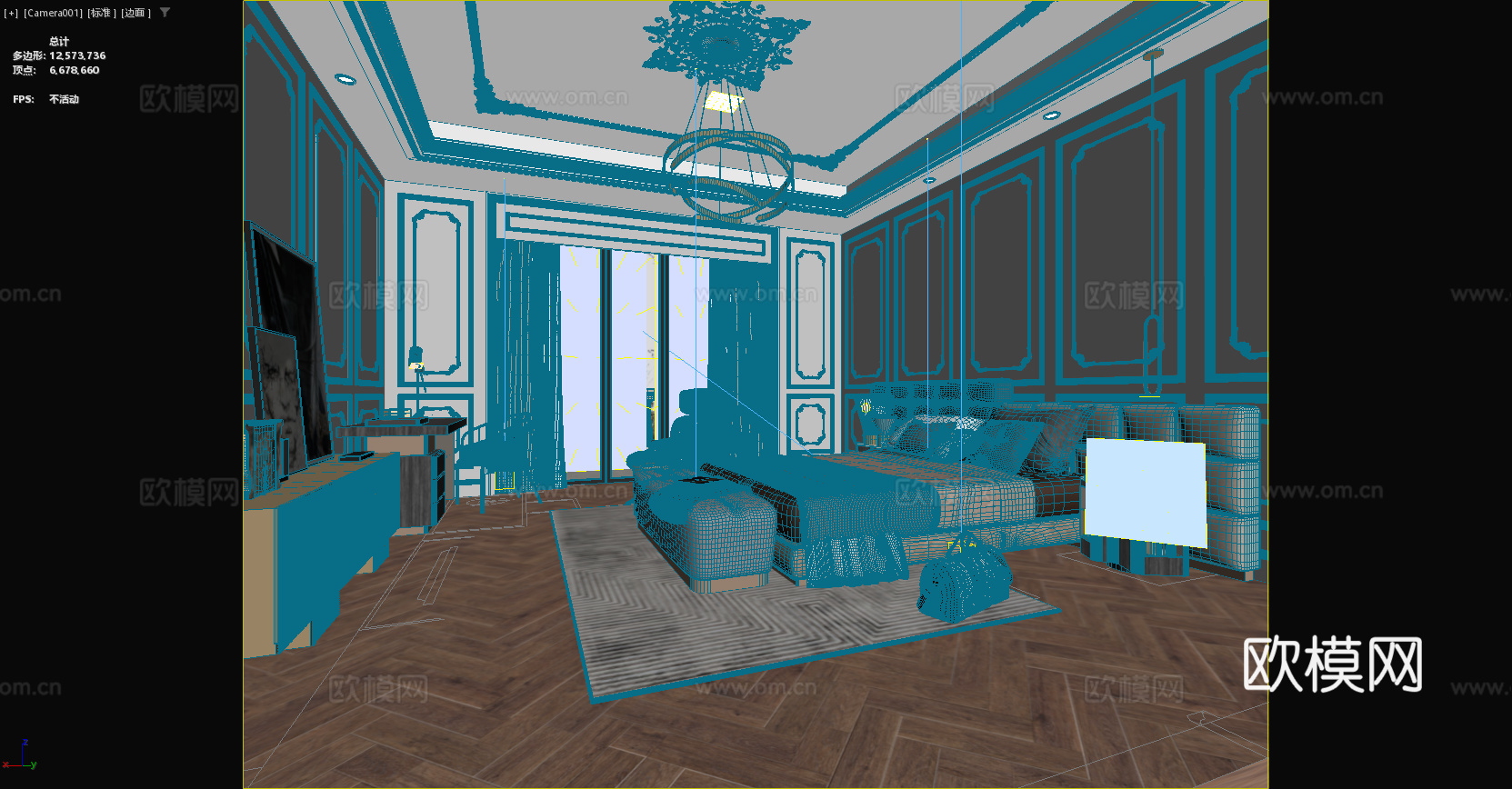 法式卧室 床品 欧式雕花 电视柜 床头柜 吊灯 法式摆件3d模型下载（渲染图3）