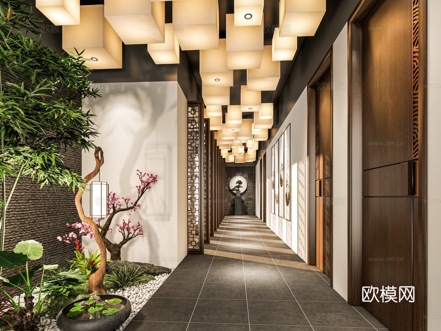 现代新中式酒店过道 花池绿植 灯笼吊灯 木门 餐厅酒店过道su模型