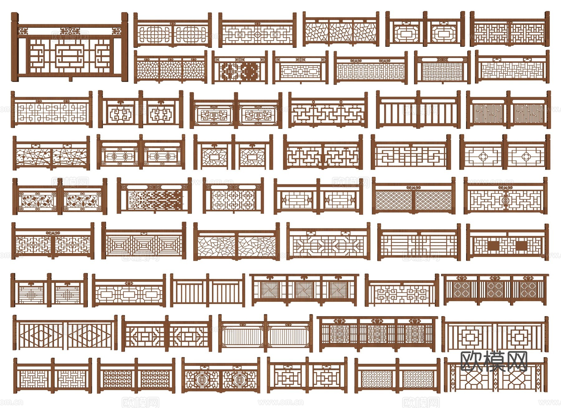 中式木栏杆 雕花栏杆 木护栏 实木栏杆 木围栏 木栅栏木扶手su模型