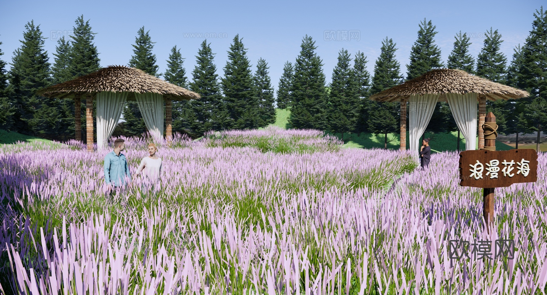 现代 花海 公园景观 粉黛乱子草 浪漫花海 茅草亭 休闲观景su模型