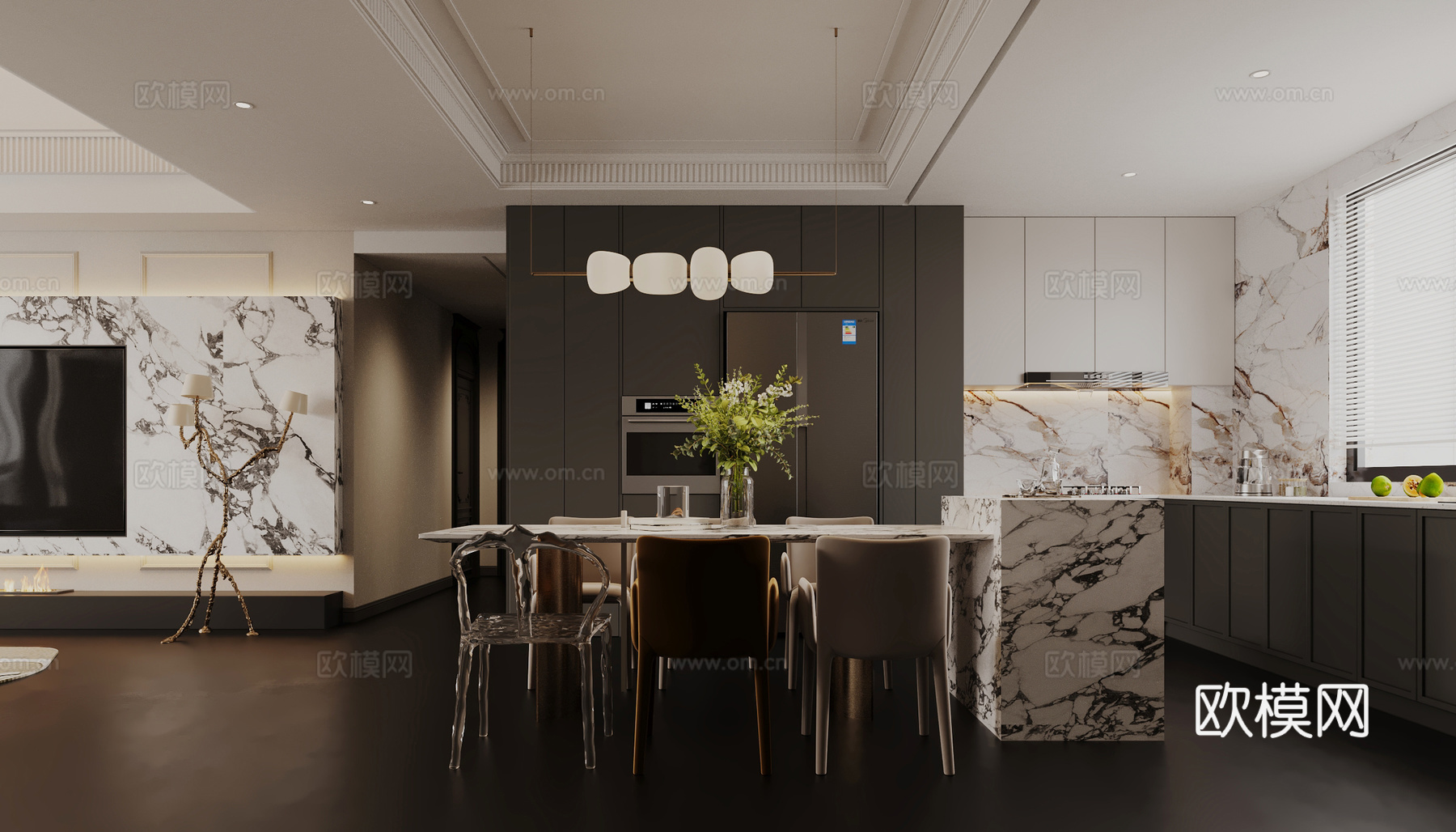 法式客餐厅 沙发 单人椅 吊灯 餐桌椅 岛台 茶几 地毯3d模型下载（渲染图2）