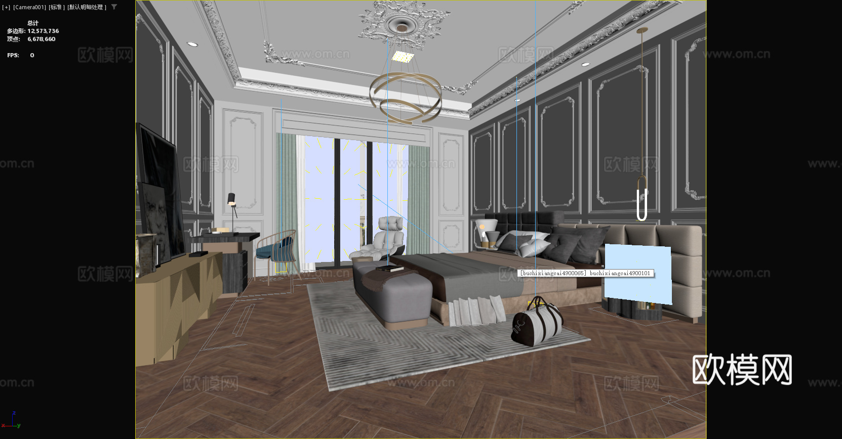 法式卧室 床品 欧式雕花 电视柜 床头柜 吊灯 法式摆件3d模型下载（渲染图2）