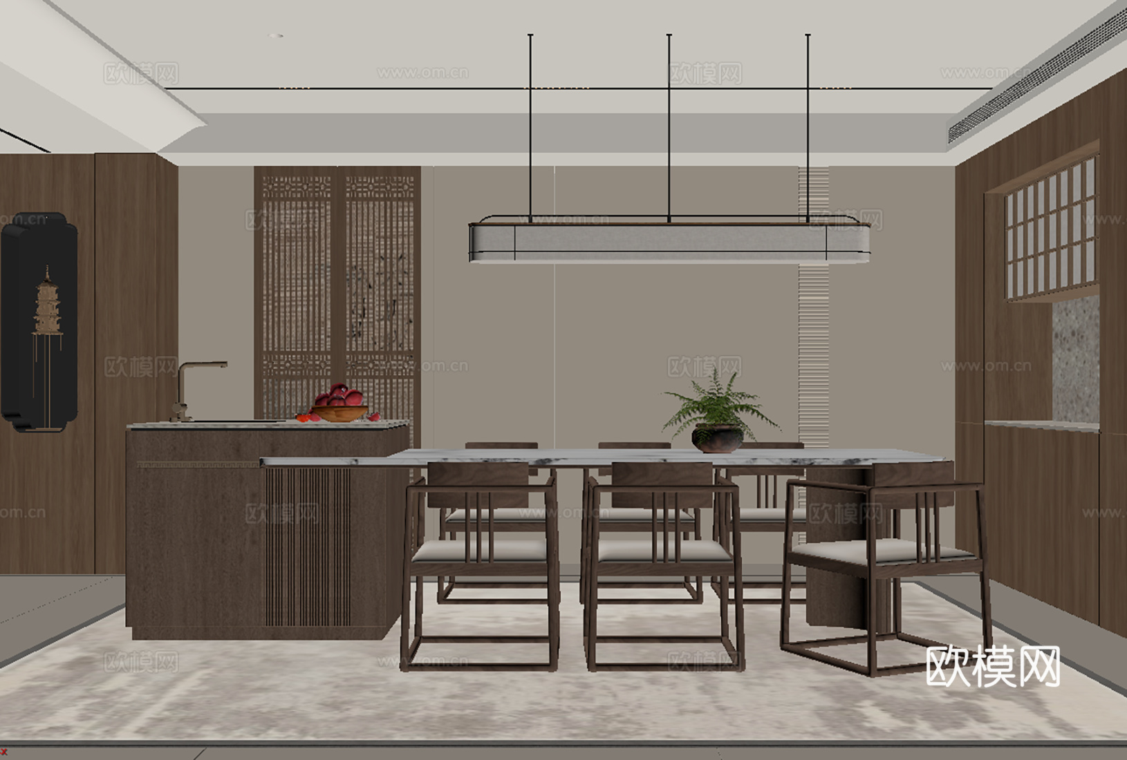 禅意新中式家居餐厅 宋代美学餐厅 岛台餐桌 餐厅吊灯 餐边柜3d模型下载（渲染图2）