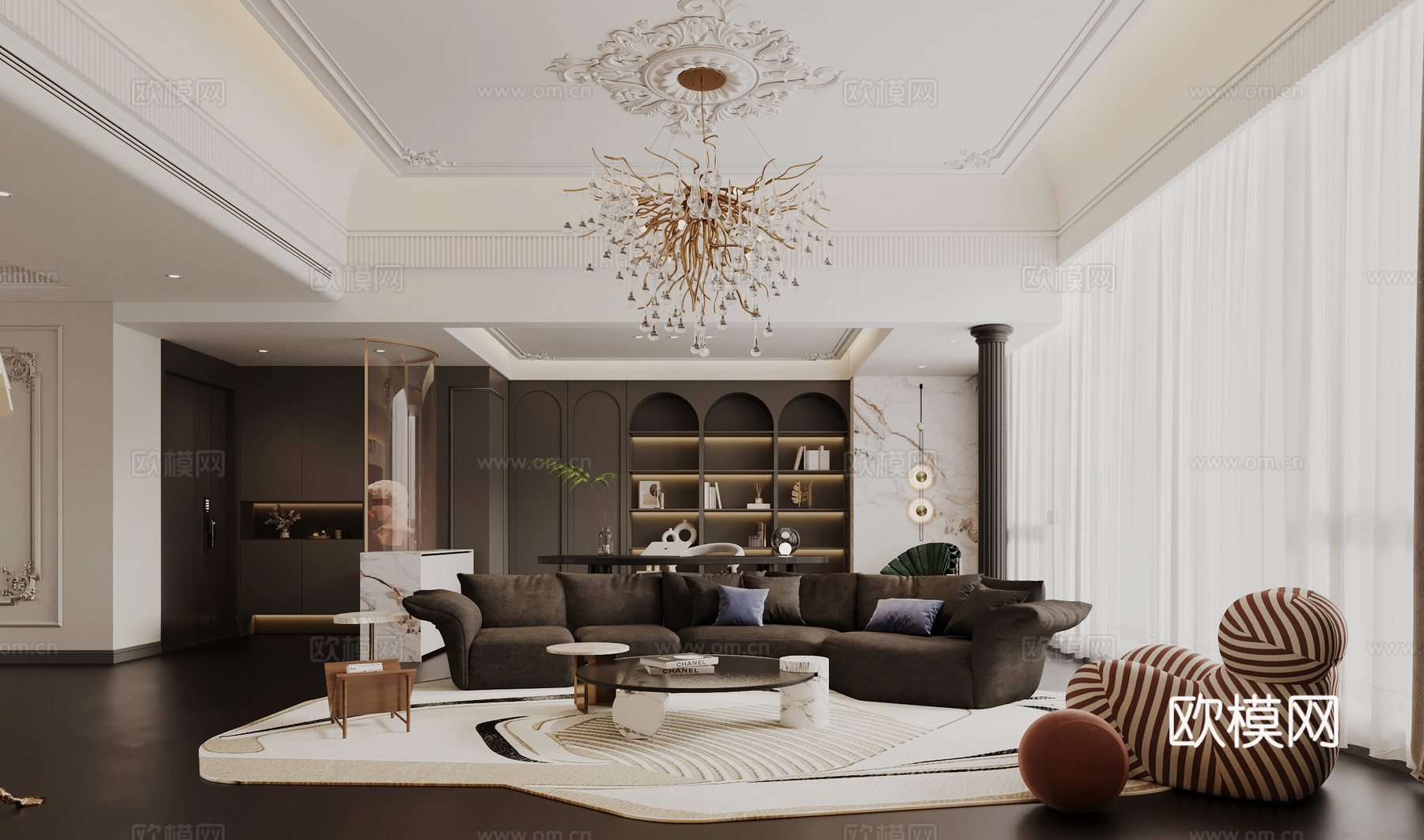 法式客餐厅 沙发 单人椅 吊灯 餐桌椅 岛台 茶几 地毯3d模型下载（渲染图1）