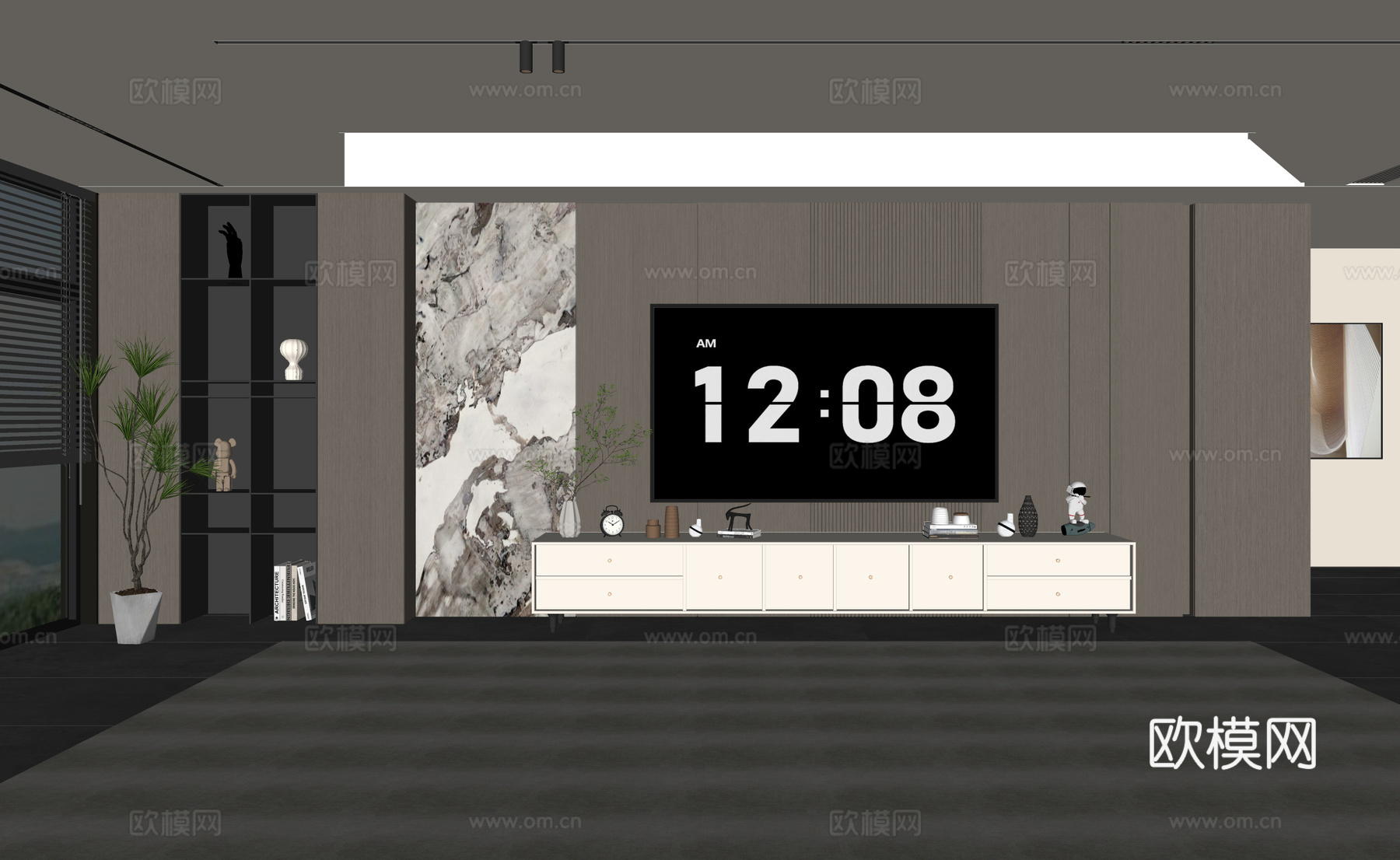 意式客厅 意式电视背景墙 电视柜 沙发茶几组合 电视一体柜su模型