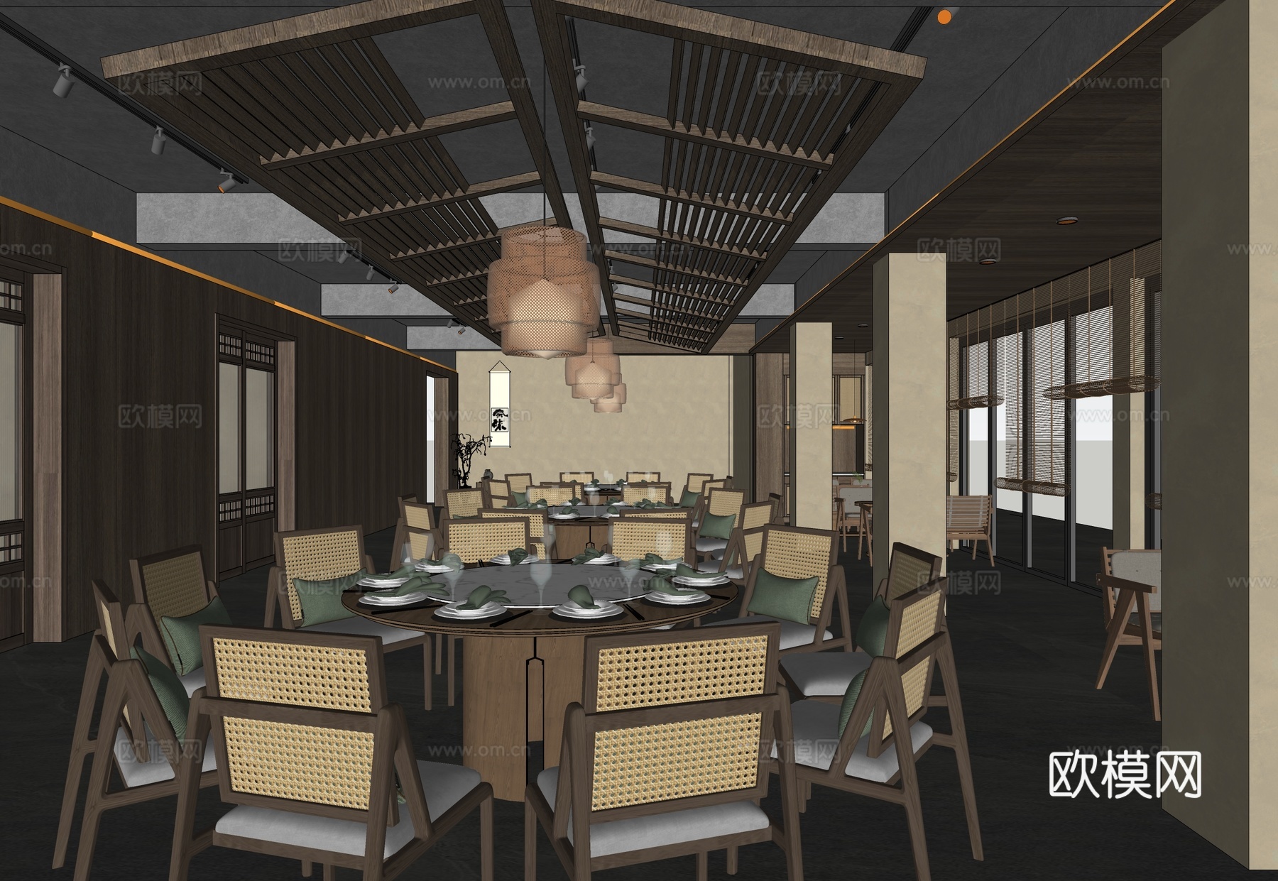 侘寂餐厅大厅 餐厅就餐区su模型