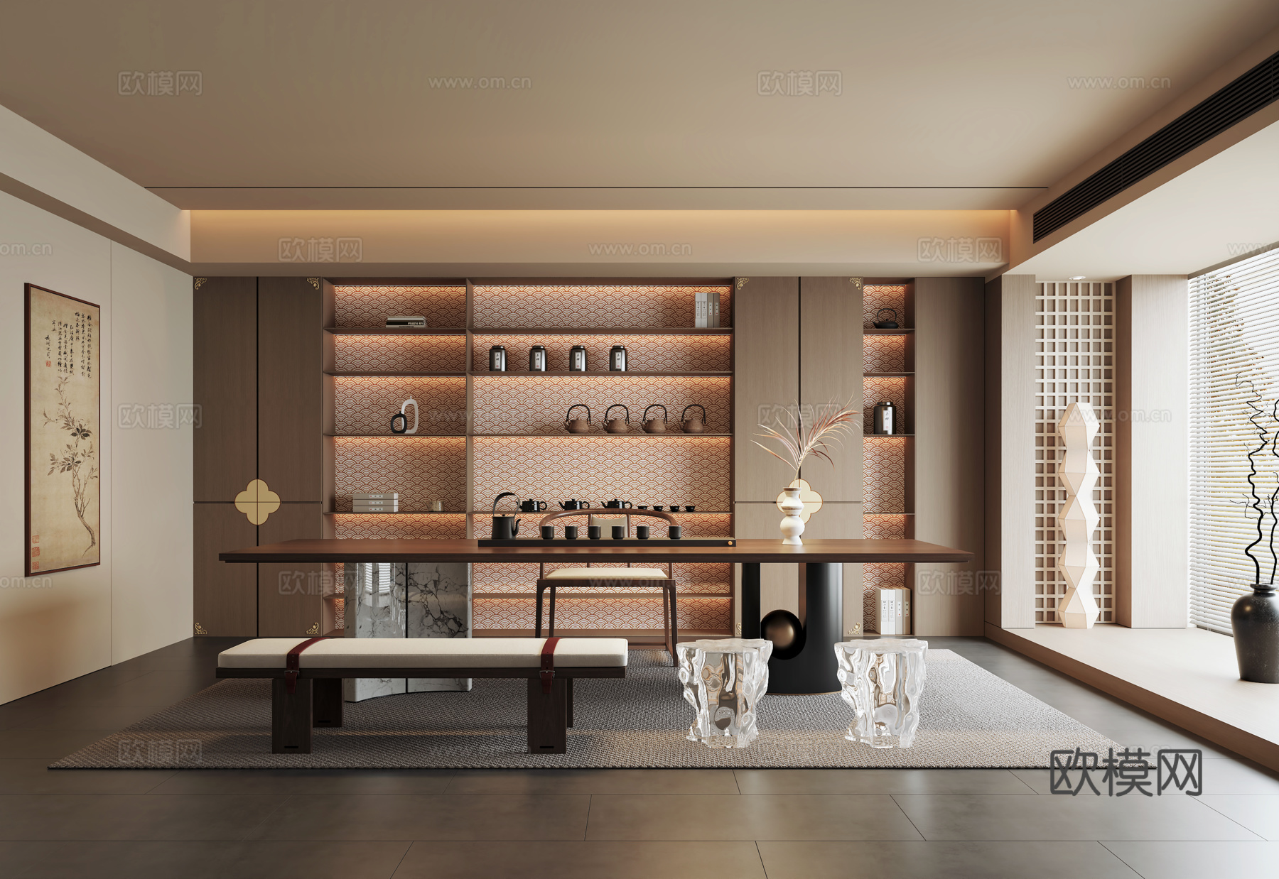 宋式茶室 茶室柜 茶桌椅 装饰画su模型