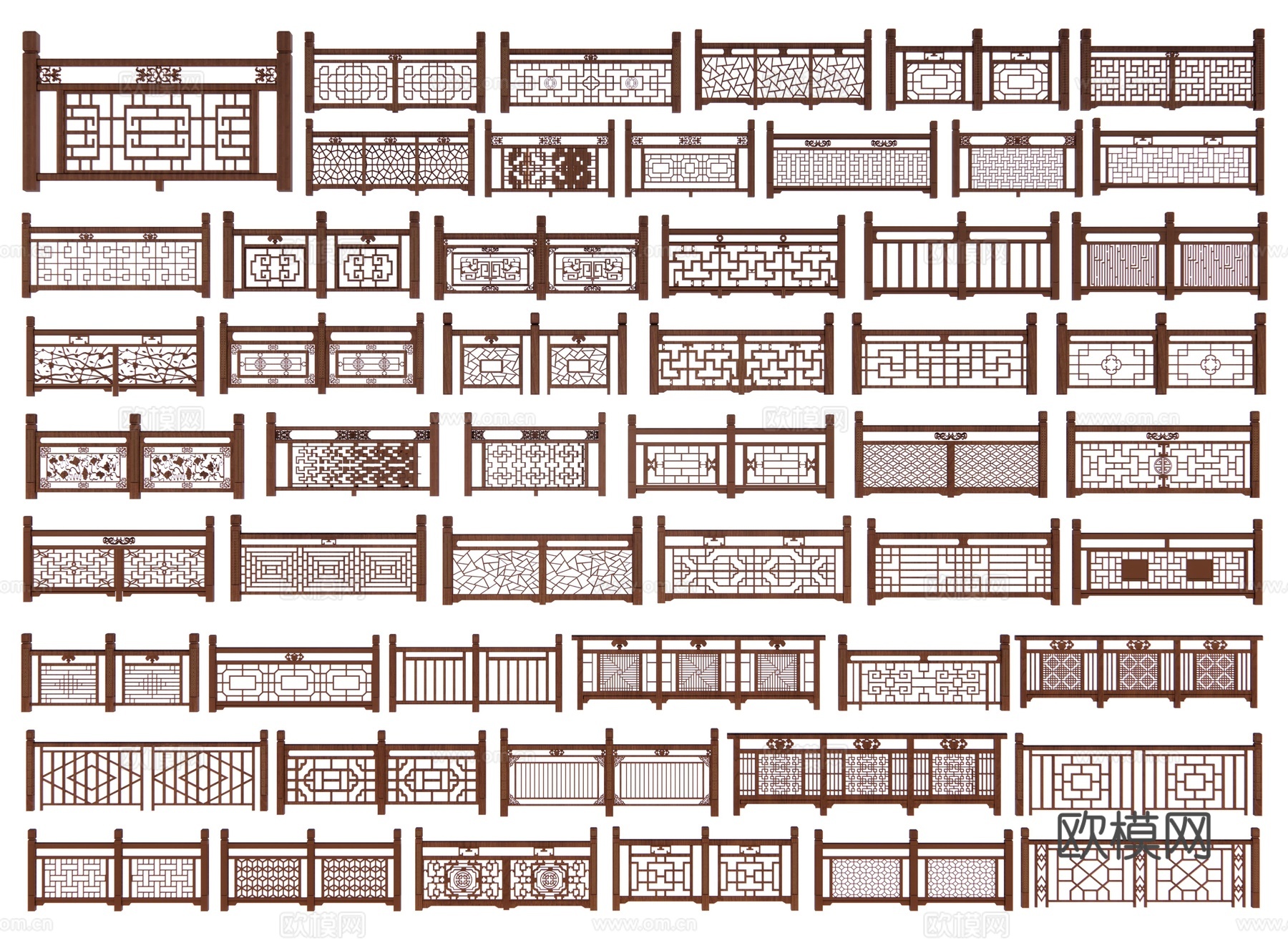 中式木栏杆 雕花栏杆 木护栏 实木栏杆 木围栏 木栅栏木扶手su模型