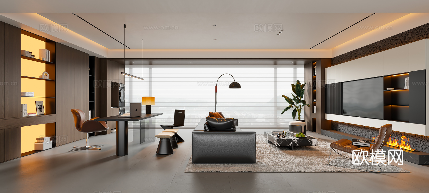 现代意式客厅 大平层 沙发茶几 书桌椅 电视背景墙 吊灯su模型