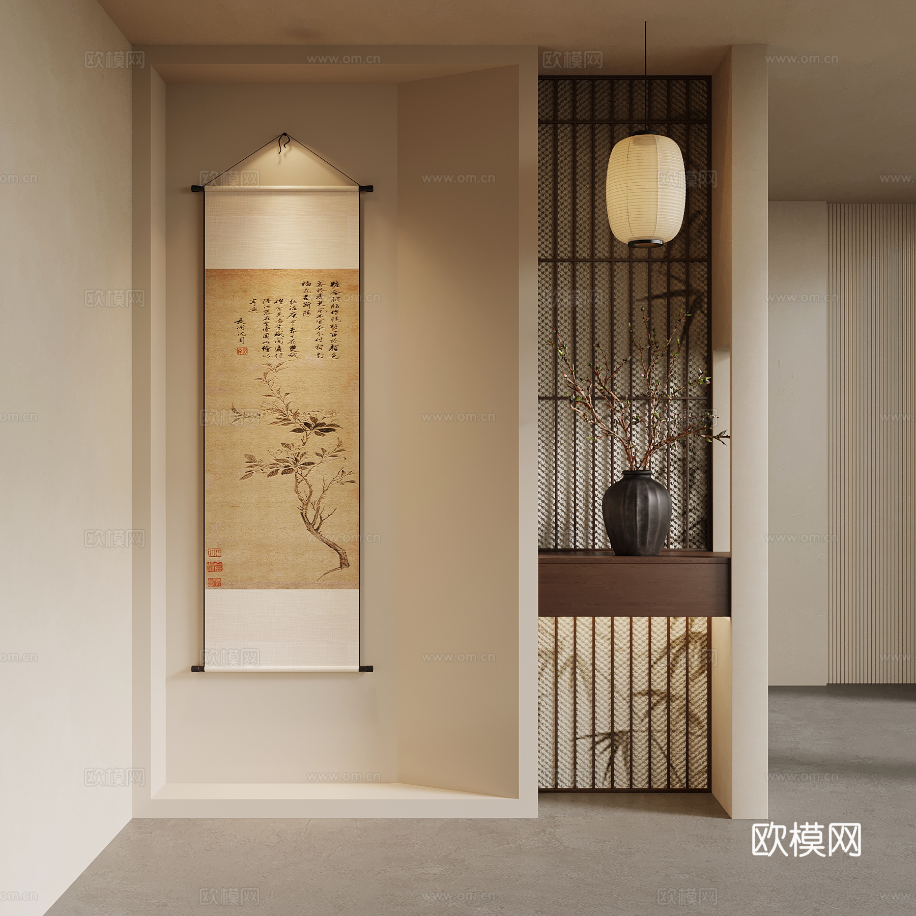 新中式玄关 入户隔断su模型