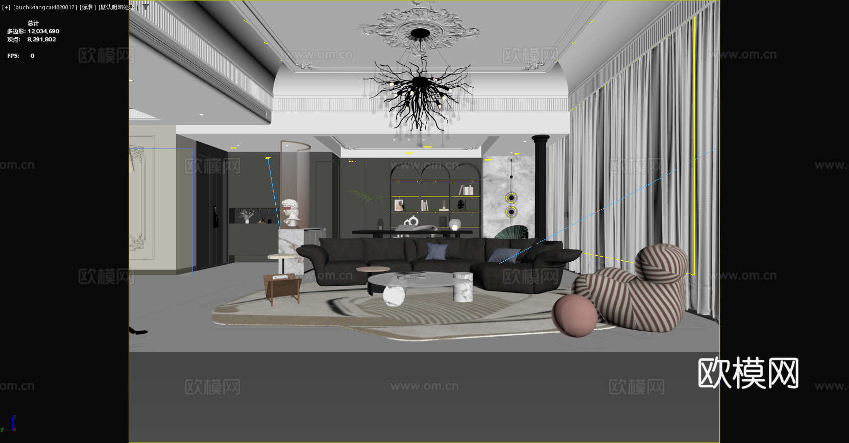 法式客餐厅 沙发 单人椅 吊灯 餐桌椅 岛台 茶几 地毯3d模型下载（渲染图3）