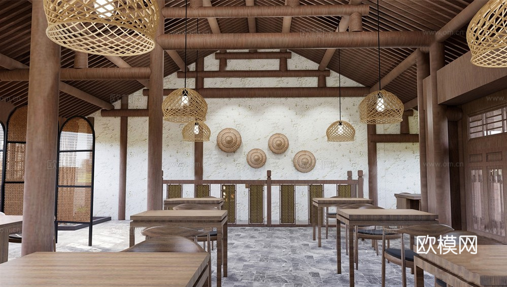 侘寂餐饮空间 餐桌椅组合su模型