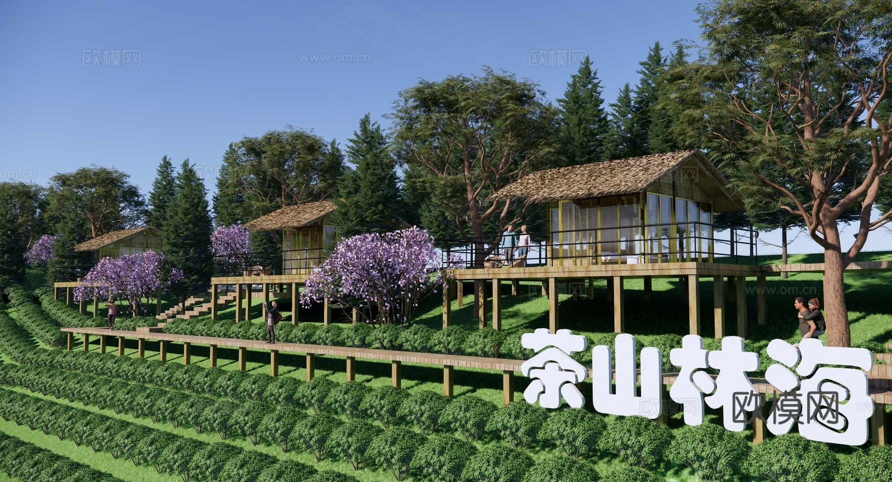 现代 茅草屋 茶山文旅公园 乡村茶园茶田景观 茶山林海 悬挑su模型