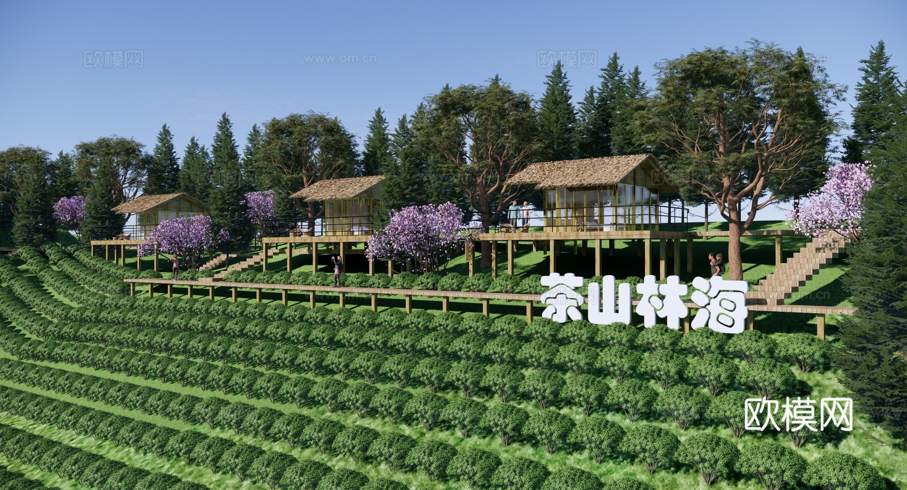 现代 茅草屋 茶山文旅公园 乡村茶园茶田景观 茶山林海 悬挑su模型