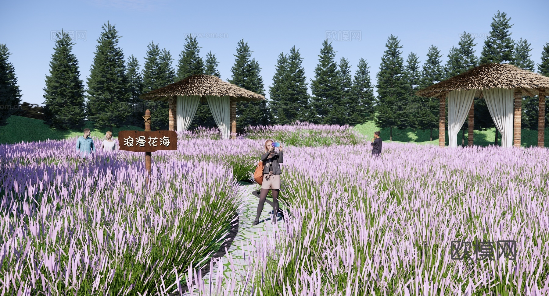 现代 花海 公园景观 粉黛乱子草 浪漫花海 茅草亭 休闲观景su模型