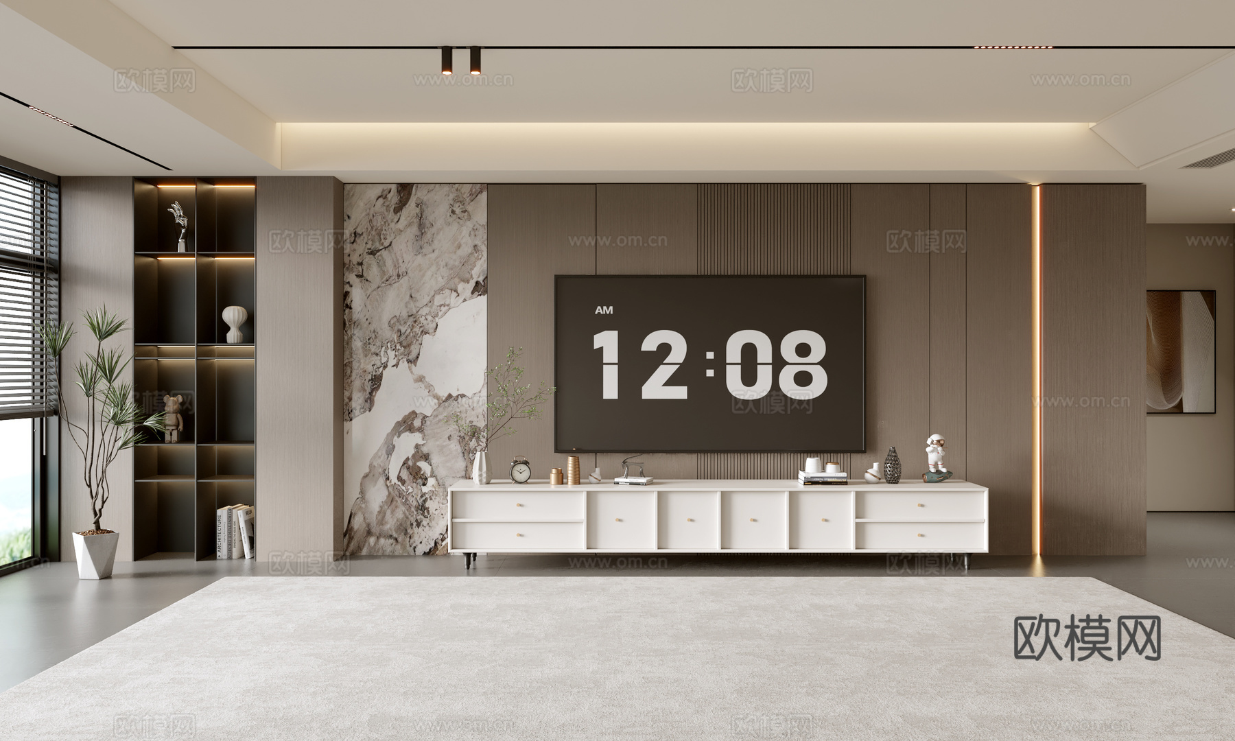 意式客厅 意式电视背景墙 电视柜 沙发茶几组合 电视一体柜su模型