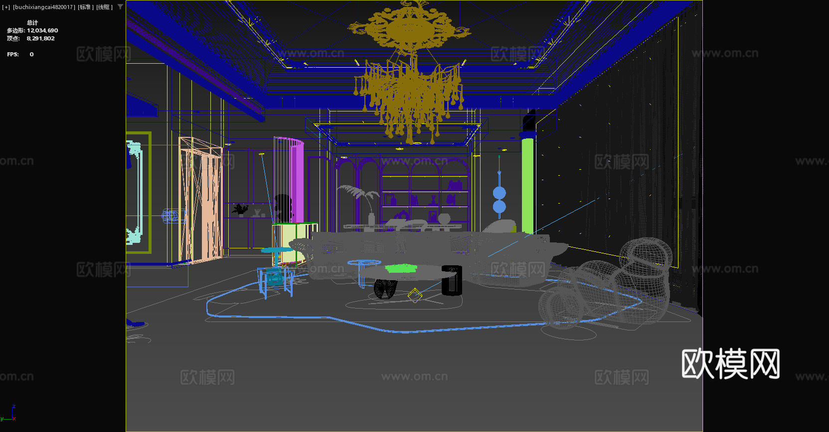 法式客餐厅 沙发 单人椅 吊灯 餐桌椅 岛台 茶几 地毯3d模型下载（渲染图5）