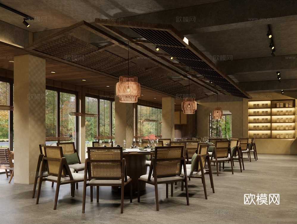 侘寂餐厅大厅 餐厅就餐区su模型
