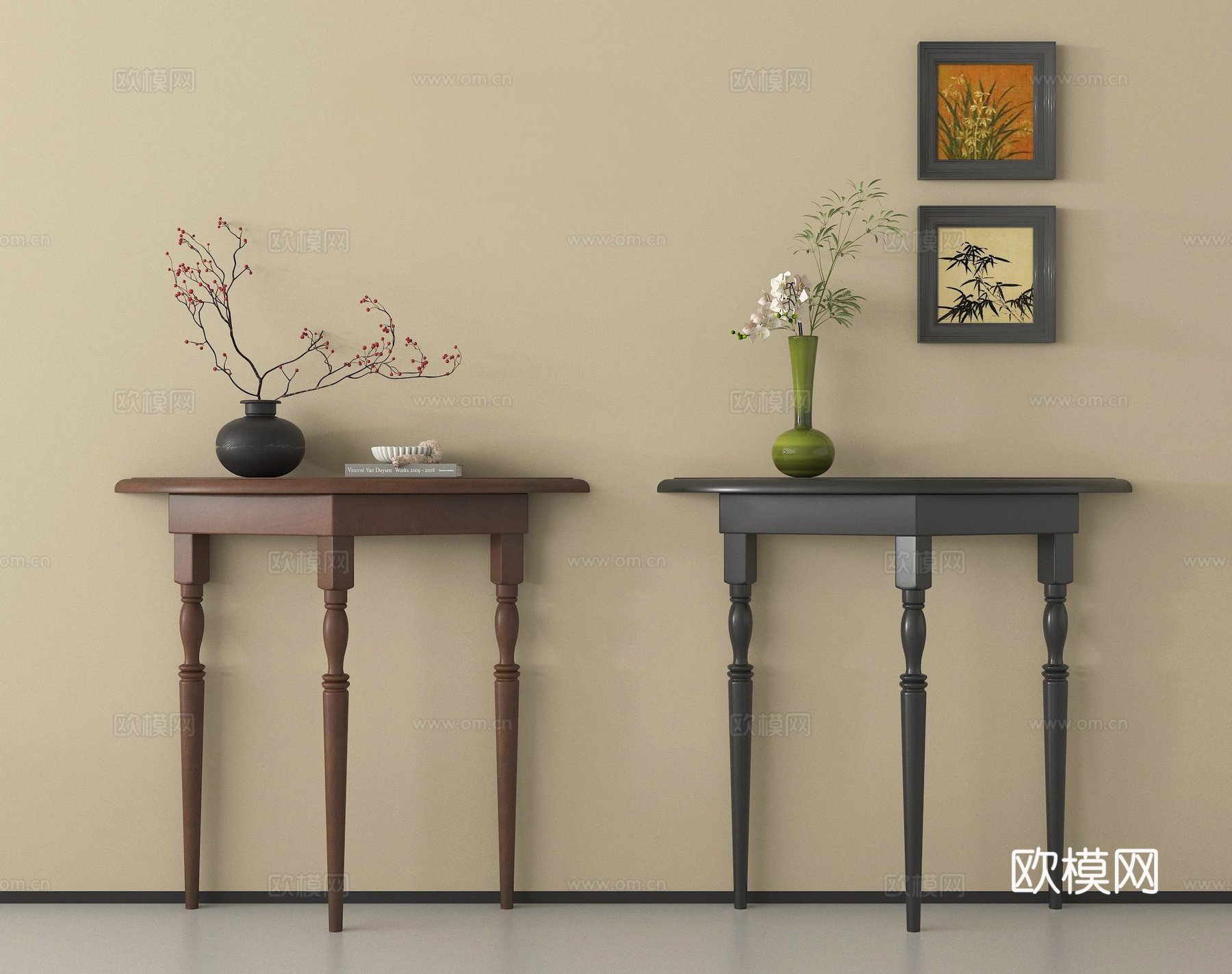 中古风玄关柜 端景柜 盆栽 挂画su模型