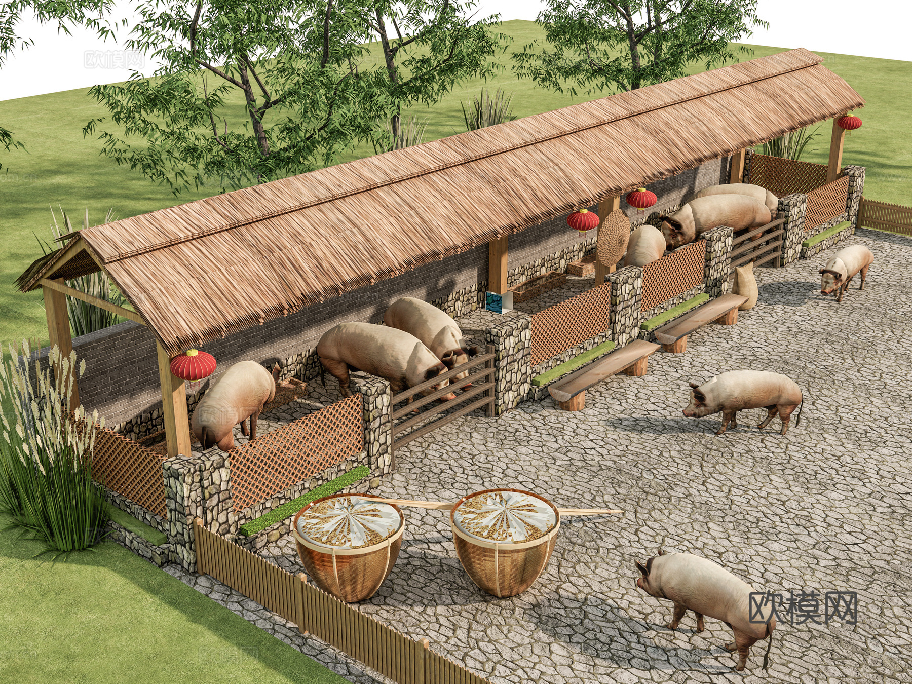 现代新中式农场 猪圈 猪 动物 乡村生态农场 猪舍3d模型下载