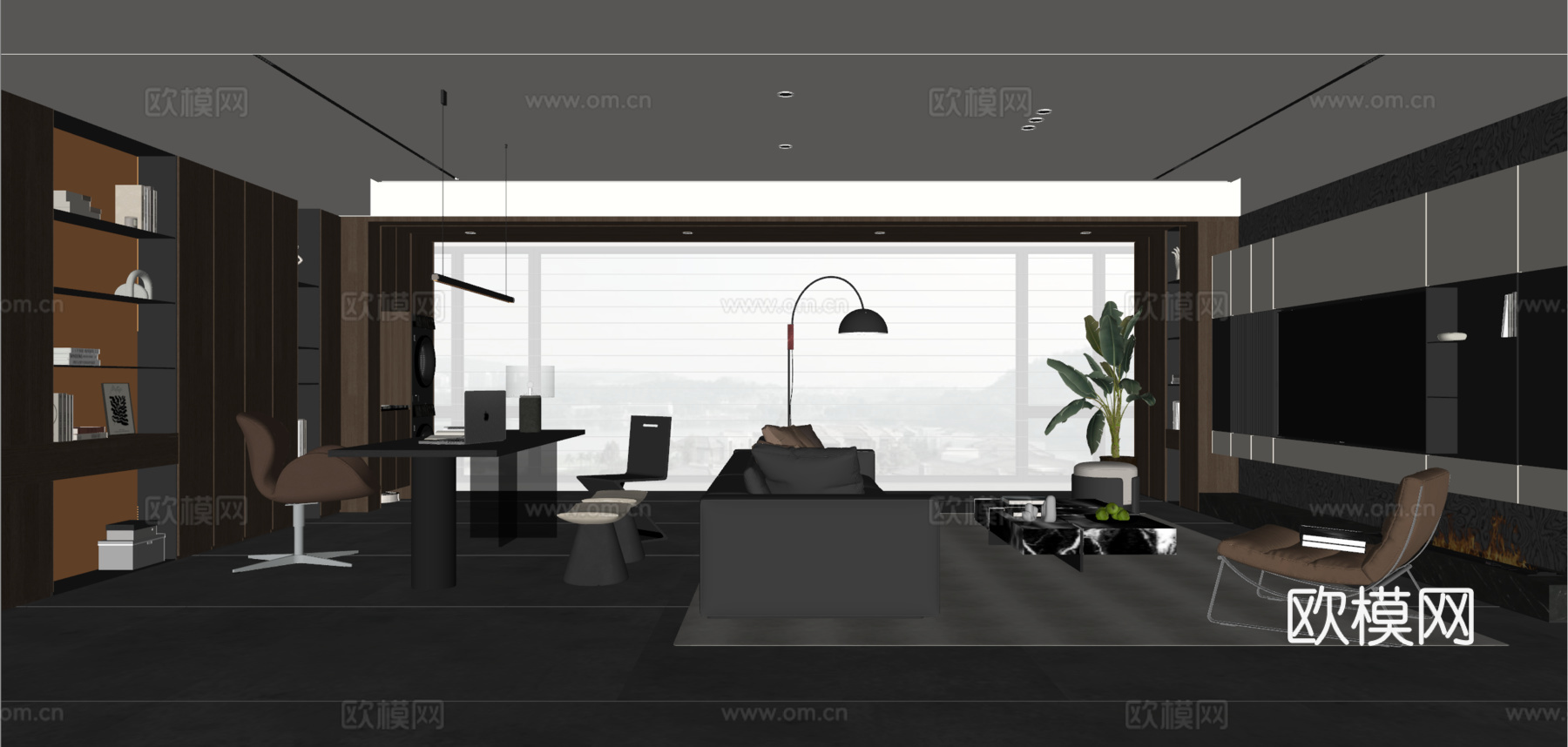 现代意式客厅 大平层 沙发茶几 书桌椅 电视背景墙 吊灯su模型