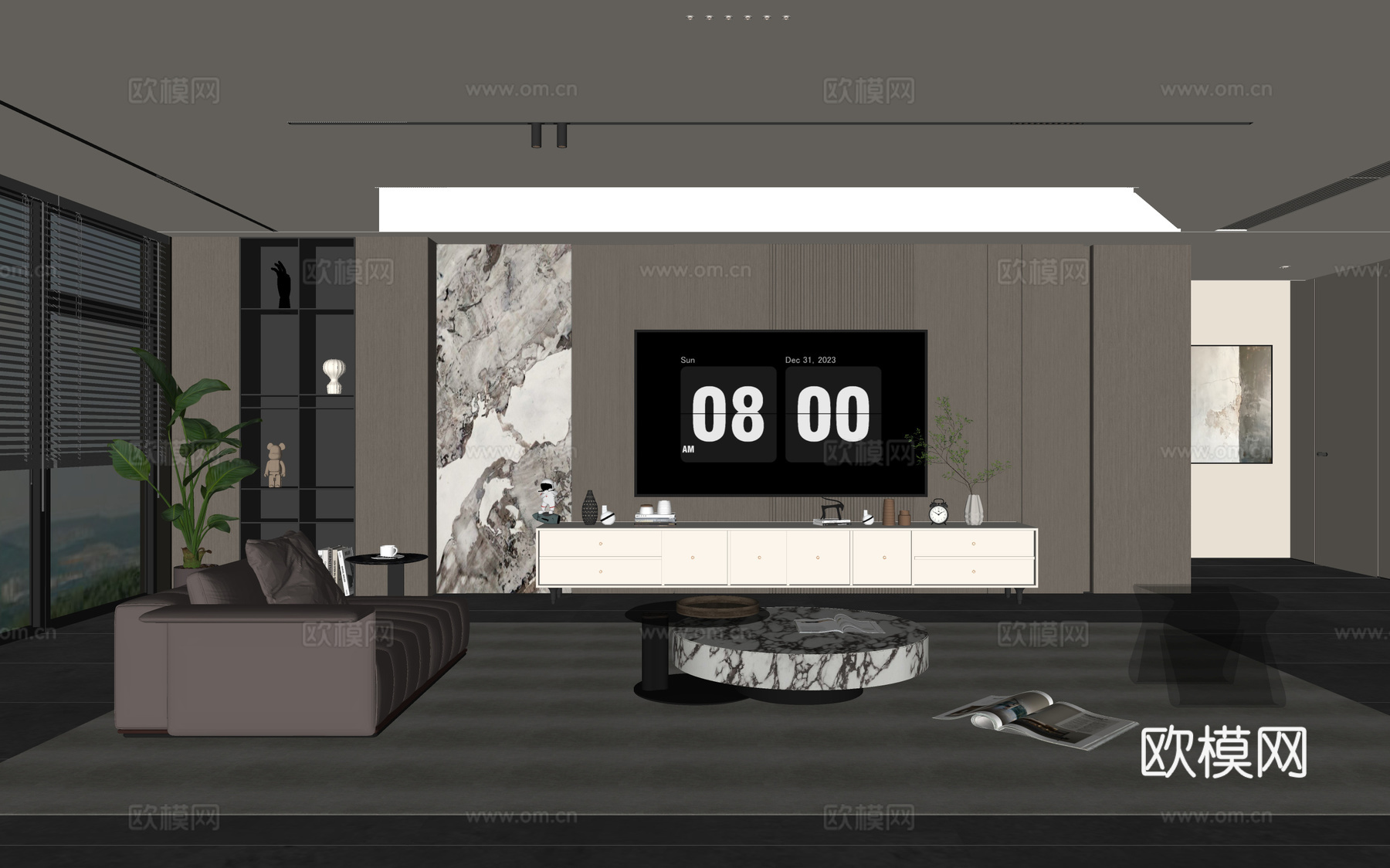 意式客厅 意式电视背景墙 电视柜 沙发茶几组合 电视一体柜su模型