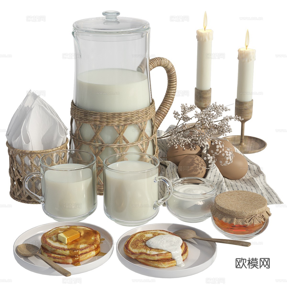 牛奶 蜂蜜 早餐 蜡烛 食物 餐具3d模型下载（渲染图1）