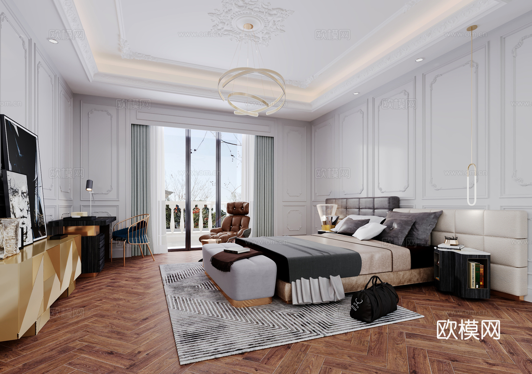 法式卧室 床品 欧式雕花 电视柜 床头柜 吊灯 法式摆件3d模型下载（渲染图1）