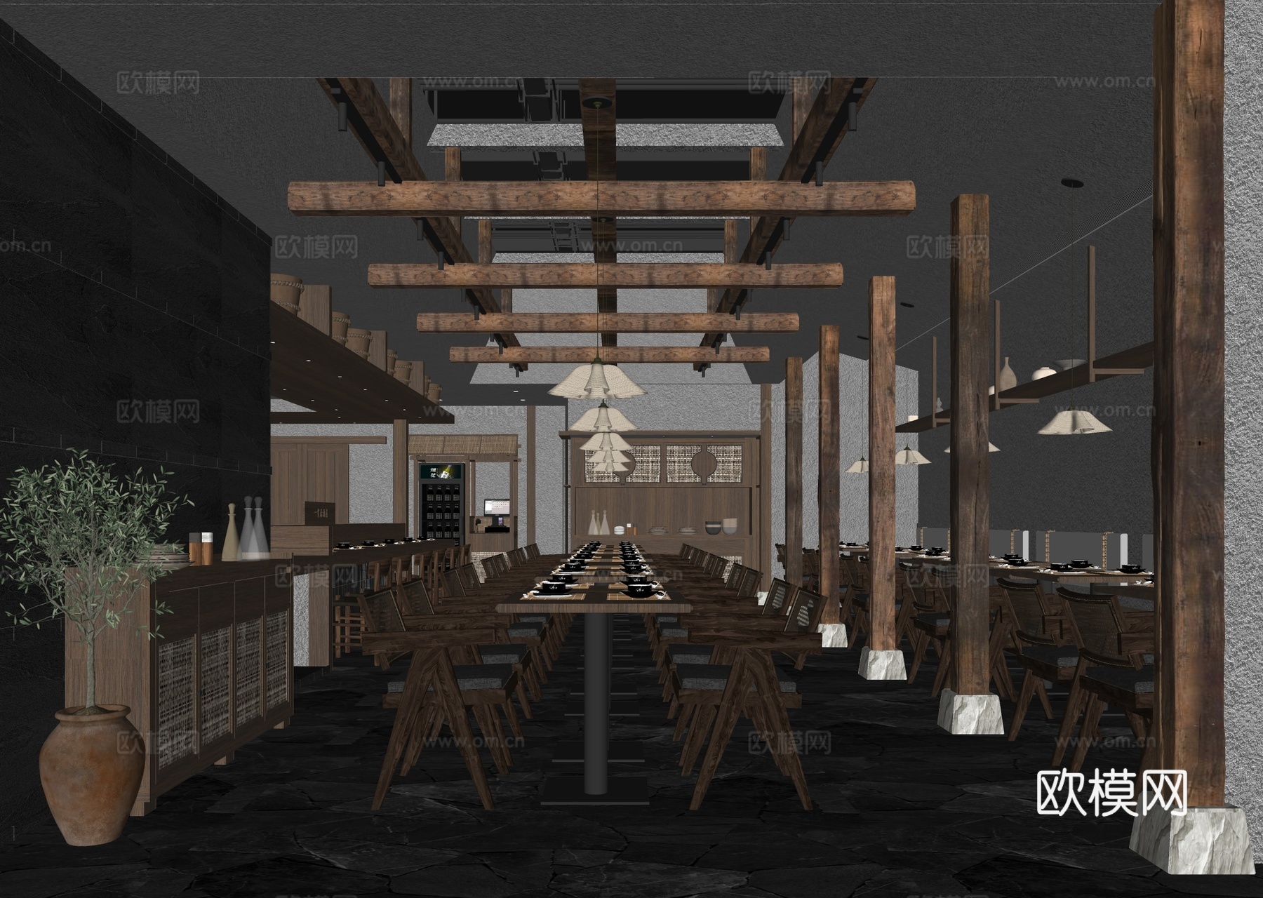 现代日料店 日式居酒屋 日式拉面 餐桌椅su模型