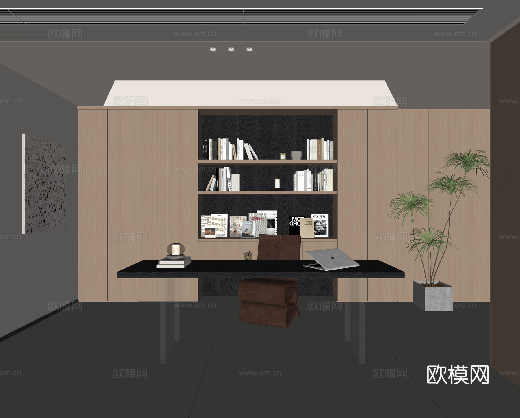 现代极简书房 书籍 书桌椅 装饰画su模型