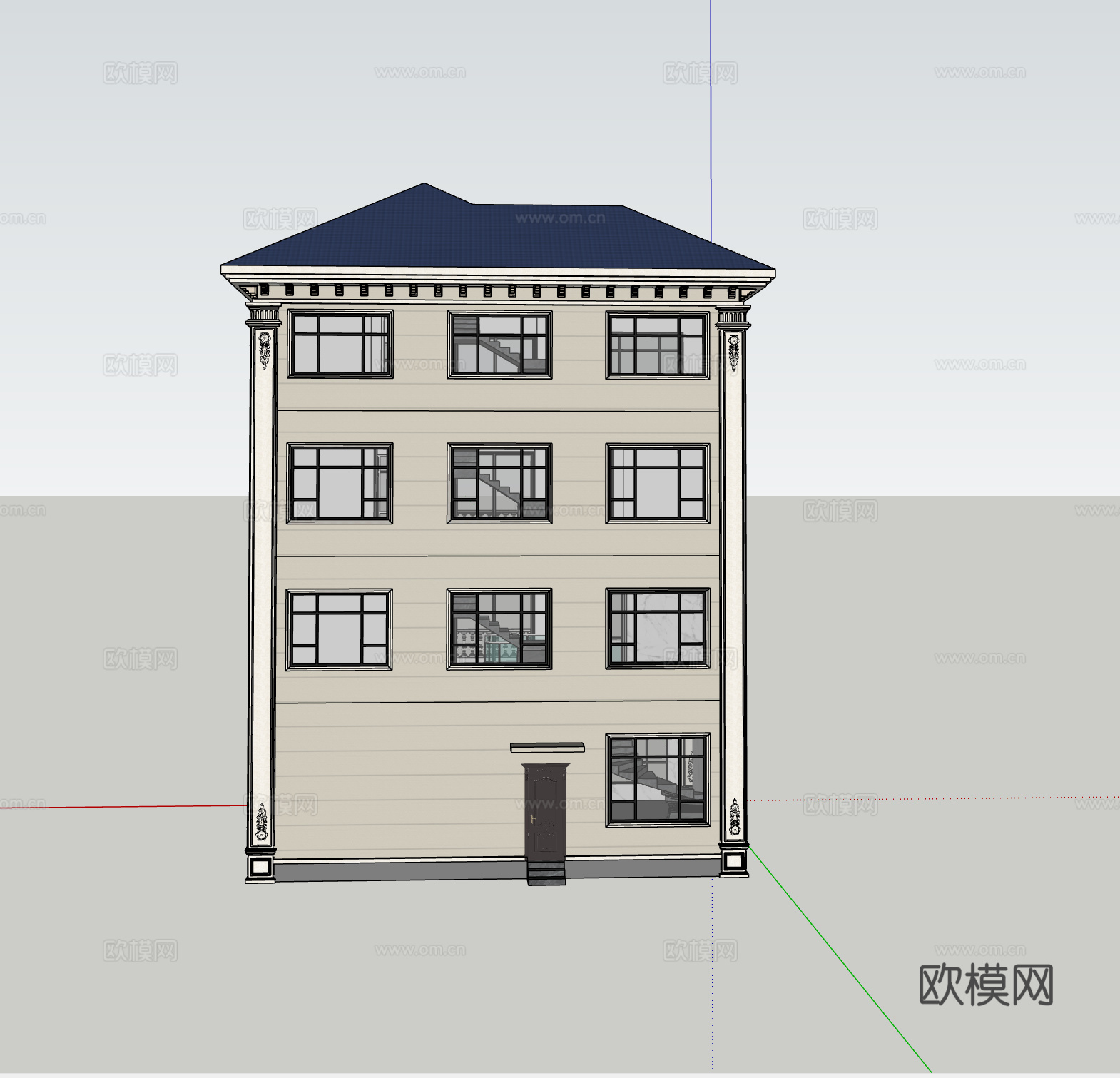 欧式四层别墅/挑空客厅/门楼/旋转楼梯/连体窗su模型