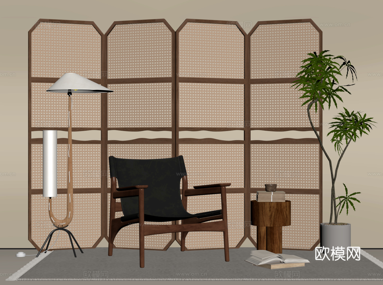 中古藤编折叠屏风 侘寂休闲椅 落地灯 盆栽su模型su模型