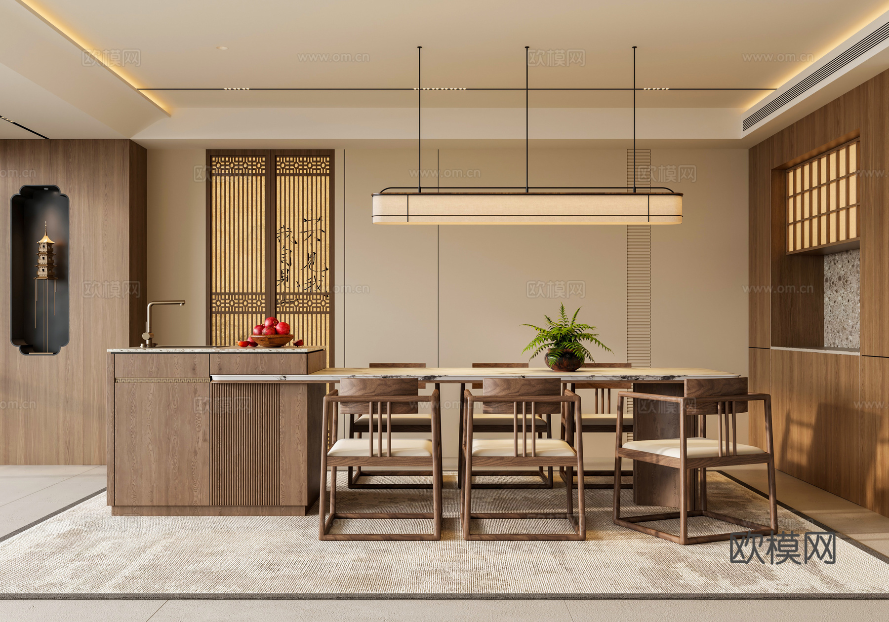 禅意新中式家居餐厅 宋代美学餐厅 岛台餐桌 餐厅吊灯 餐边柜3d模型下载（渲染图1）