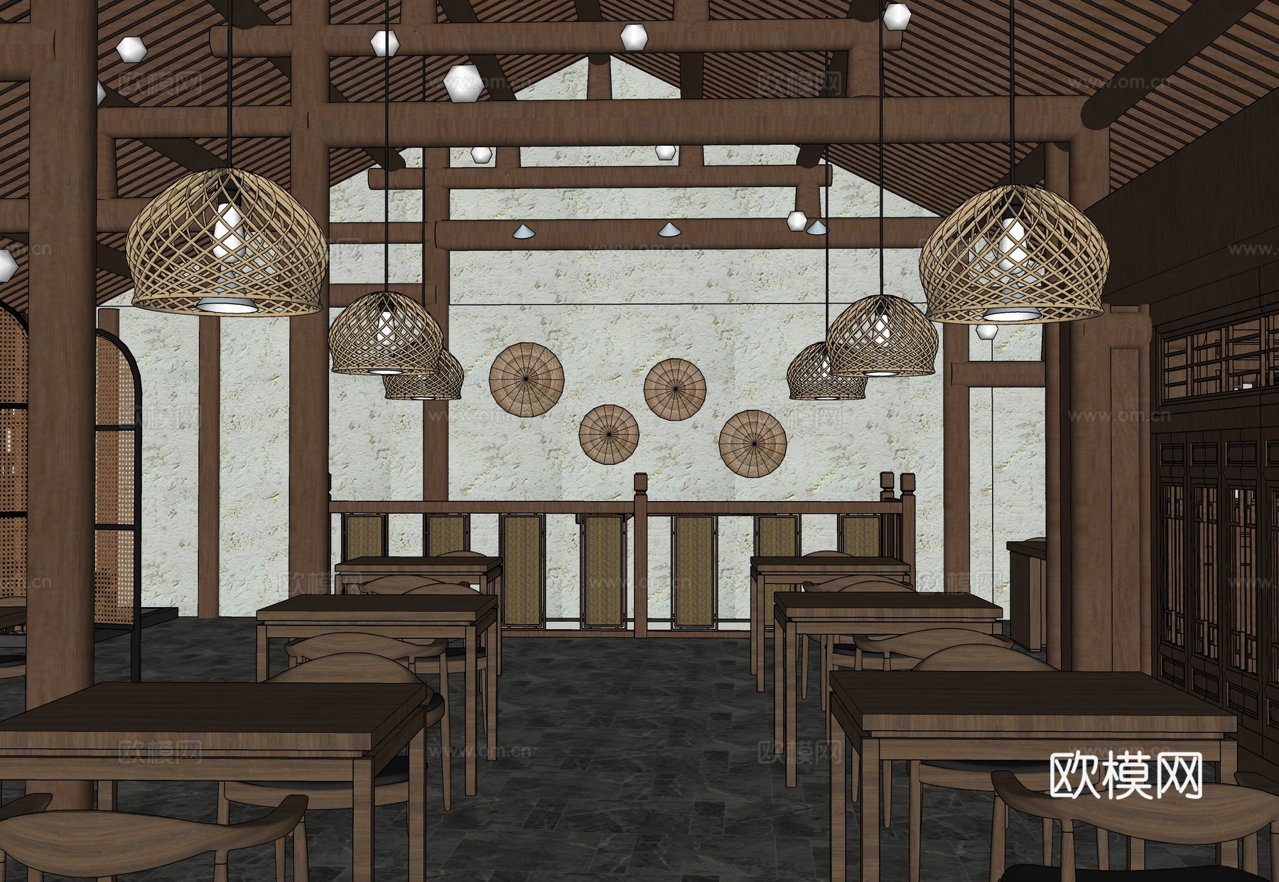 侘寂餐饮空间 餐桌椅组合su模型